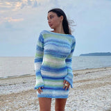 Mojoyce Graduation Gift Back to School Season Summer Vacation Dress Spring Outfit Party Dress Azure Backless Knit Dress
