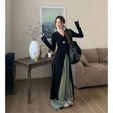 MOJOYCE Streetwear Black Midi Dress Women Y2K V Neck Tunic Robe Korean Fashion Long Sleeve Slim All Match One Pieces Dresses New