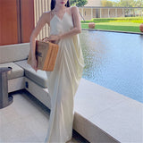 MOJOYCE-Vintage Elegant Backless Long Dress for Women Sleeveless V-neck Fashion French Office Lady Female White Dresses Summer 2023