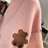 Mojoyce Cute Bear Print Cardigan Fall College Styel V Neck Single Breasted Sweater Students Youth Y2k Long Sleeve Pocket Knitted Tops
