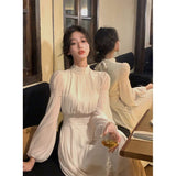 MOJOYCE Elegant Midi Dress Women Fairy Bandage A Line Dresses Party Prom Korean Fashion Lantern Sleeve Bodycon Chic Vestidos New