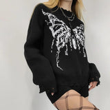 Mojoyce Butterfly Print Sweater Gothic Style Ripped Long Sleeve Vintage Black Knitted Pullovers Winter O Neck Loose Fit Tops