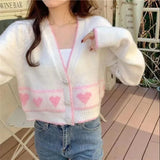 Mojoyce Y2k Sweet Heart Print Cropped Cardigan Women Korean Fashion V Neck Short Sweater Girls Sexy Kawaii Long Sleeve Knitted Tops New