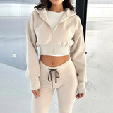 Mojoyce Hooded Cropped Jacket and Casual Straight Pants Women's Two Piece Set Sporty Casual Zipper Coat Fitness Trousers Suit