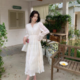 MOJOYCE-Elegant Chic Women White Midi Dress for Autumn 2023 New Chiffon Puff Long Sleeve V-neck Casual Office Lady Cute Fairy Dress