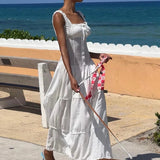 MOJOYCE Elegant Square Collar Frill Long Dress Women Holiday Beach Buttons Detail Sundress Street Trendy Vacation Clothing