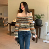 Mojoyce Rainbow Slash Neck Knitted Sweaters Women Retro Fashion Slim Long Sleeve Sweaters Harajuku Off Shoulder Chic Jumper Y2k Clothes