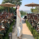 MOJOYCE-Vintage Elegant Backless Long Dress for Women Sleeveless V-neck Fashion French Office Lady Female White Dresses Summer 2023