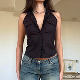MOJOYCE Women Fashion Striped Vest Retro Button Up Turndown Collar Black Camis Top Street Outfits Y2K Sleeveless Tanks Ladies