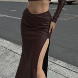 Mojoyce High Split Leather Maxi Skirt Streetwear Fashion Vintage Brown Low Waist Party Long Skirts Clubwear Female Slim