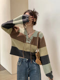 Mojoyce Lace Up Striped Knitted Pullovers Women V Neck Loose Casual Cropped Tops Autumn Winter Korean Fashion Pullover Outwear Female
