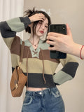 Mojoyce Lace Up Striped Knitted Pullovers Women V Neck Loose Casual Cropped Tops Autumn Winter Korean Fashion Pullover Outwear Female