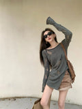 Mojoyce  Grunge Hollow Out Grey Sweater Women Spring Summer Y2k Lazy Style Knit Jumpers Girls Sexy Harajuku Long Sleeve Pullover Tops New