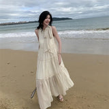 MOJOYCE-New Elegant Chiffon Midi Dresses for Women Summer 2024 Sleeveless Flounce Hollow Out Bow Loose Casual Fairy Dresses Korean
