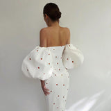 Mojoyce Sexy Strawberry Dot Off The Shoulder Bodycon Dress Autumn Lantern Sleeve Backless Slit Long Party Dresses For Women 2021