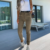 Mojoyce Casual Pocket Button Skinny Pencil Pants Autumn Vintage Solid Zipper High Waist Ankle Length Pants  For Women 2023 New