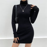Mojoyce   Solid Long Sleeve Knitted Bodycon Autumn Winter Dress Women Mini Casual Basic Slim Turtleneck Dresses Black Vestidos
