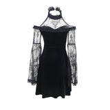 Mojoyce Women Sexy Gothic Style Cold Shoulder High Turtleneck Flare Long Lace See-Through Sleeve A-Line Midi Velvet Dress