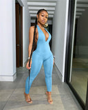 Mojoyce Backless Halter Deep V Neck Bodycon Jumpsuit Women Rompers Sexy Club Jumpsuits Sporty One Piece Outfits