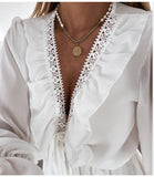 Mojoyce  Lace Women's Party Dress Elegant Long Sleeve Ruffle Chiffon White Dress Summer V Neck Ladies Wedding Clothing