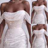 Mojoyce Shouder Women Dress Glitter Sequin Summer White Dresses Elegant Lady Draped Swing Collar Dresses Evening Party Dress