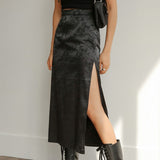 Mojoyce Chinese Style Fashion Jacquard Summer Skirt Black Vintage High Waist Long Skirt Chic Side Split Women Skirts New