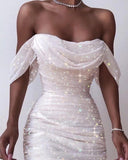 Mojoyce Shouder Women Dress Glitter Sequin Summer White Dresses Elegant Lady Draped Swing Collar Dresses Evening Party Dress
