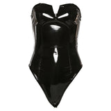 Mojoyce Strapless PU Leather Bodysuit Women Sleeveless Rompers Catsuit Skinny Christmas Party Club Body Suit