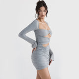 Mojoyce Cut Out Long Sleeve Mesh Dress Sheer Sleeve Bodycon Holiday Party Dresses Gray Summer Dresses Women 2023 Hoco Dresses