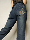 Mojoyce Retro Butterfly Print Y2K Denim Jeans Low Waisted Grunge Vintage Cargo Trousers Fairycore Harajuku Fashion Pants