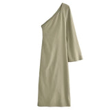 Mojoyce Autumn One Shoulder Long Sleeve Linen Blending Dresses Elegant Backless Slit Bodycon Dress 2023 Hoco Dresses