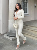 Mojoyce Skinny Two Piece Set Women Knit V-Neck Long Sleeve Top And Pants Female Jumpsuits 2 Piece Outfits Femme Matching Sets