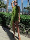 Mojoyce Jacqueline 2022 Green Backless Mini Bodycon Satin Women Dress Club Prom Elegant Sleeveless Halter Sexy Dresses Tassel Summer