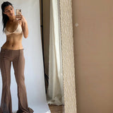 Mojoyce Low Waist Flare Pants Brown Y2k Style Contrast Stitch Knitted Wide Leg Pants Womens Summer Bottoms