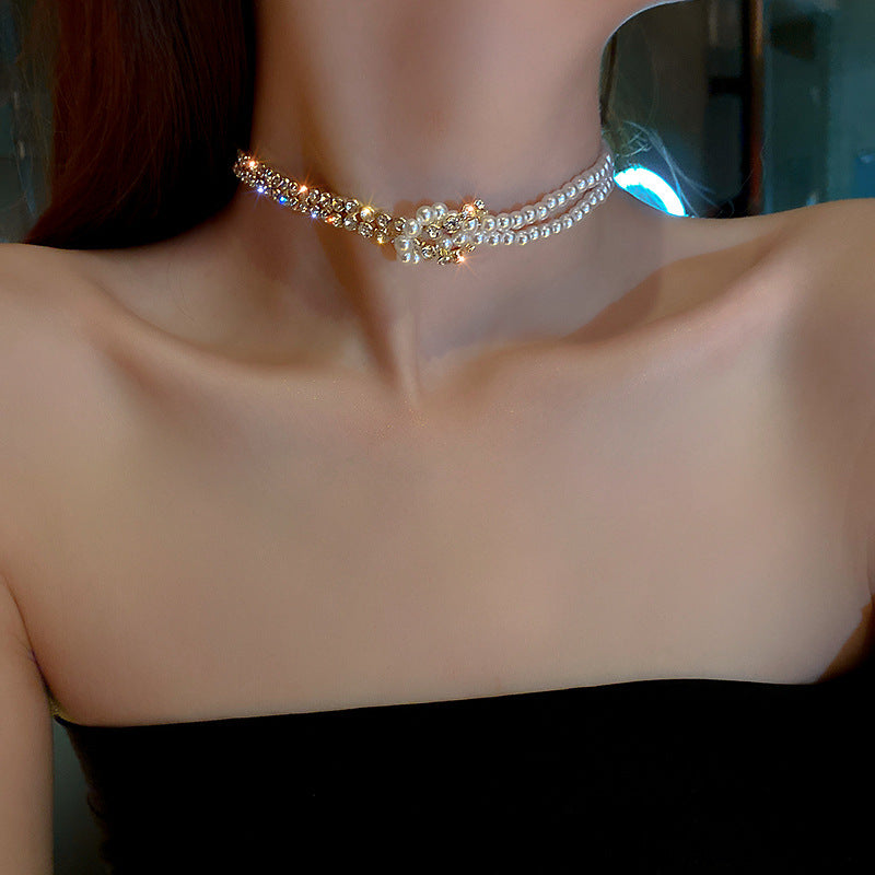 Mojoyce- Pearl Crystal Choker Necklaces