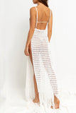MOJOYCE-spring summer beach outfit Sexy Vacation Solid Tassel Hollowed Out Slit Swimwears Cover Up