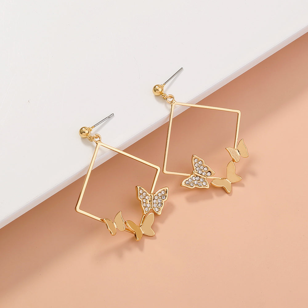 Mojoyce- Geometric fashion diamond studded butterfly earrings