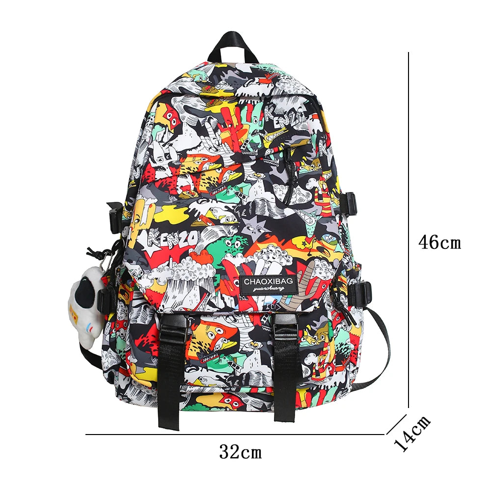 Mojoyce-Harajuku Girl Male School Bag Female Graffiti Print Men Backpack Women Book Boy Bag Nylon Ladies Fashion Laptop Backpack Student