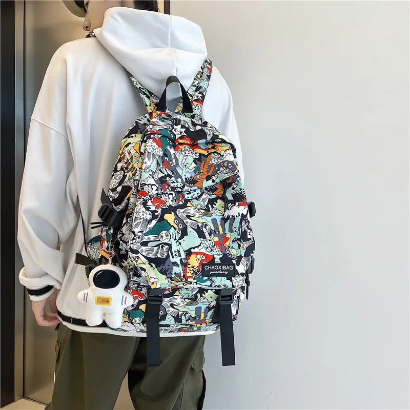 Mojoyce-Harajuku Girl Male School Bag Female Graffiti Print Men Backpack Women Book Boy Bag Nylon Ladies Fashion Laptop Backpack Student