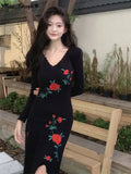 Mojoyce-Autumn Winter Floral Print Sweater Dress Women Long Sleeve Vintage Knitted Part Midi Dress Female Korean Fashion One Piece Dress