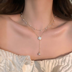 Mojoyce- Double-layer Pearl Camellia Necklace