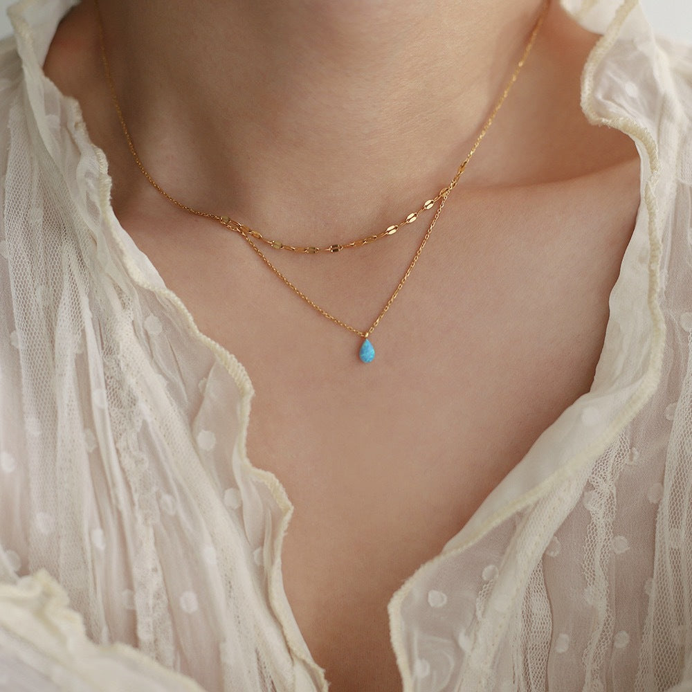 Mojoyce- Blue Water Drop Double-layer Necklace