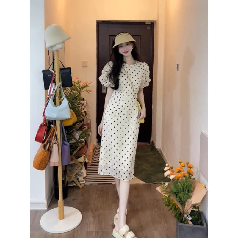 Mojoyce Elegant Polka Dot Print O-neck Women Dress Summer 2023 Casual High Waist Bat Sleeve Dresses A-line Office Lady Vestidos