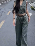 MOJOYCE-Hong Kong Style Denim Frayed Short Coat Wide Leg Pants Vest