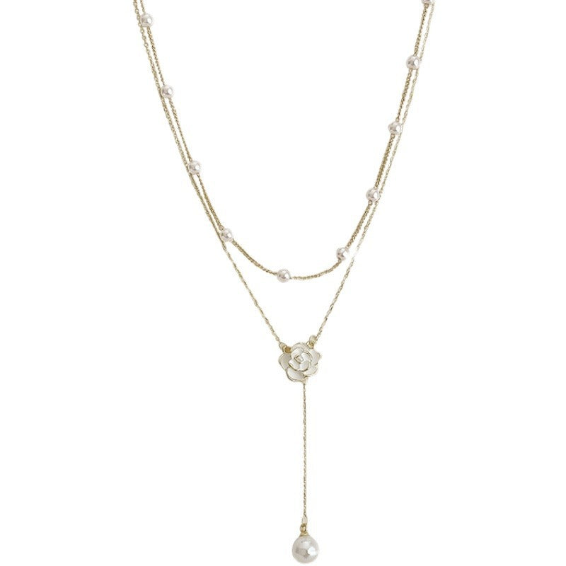 Mojoyce- Double-layer Pearl Camellia Necklace