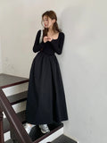MOJOYCE-New Autumn Fashion Elegant Black Midi Dress for Women Long Sleeve Square Neck Simple Solid Vintage Chic Ladies Dresses Korean
