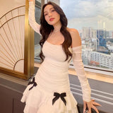 MOJOYCE Elegant Slash-neck Ruched Dress French Gentle Bow Applique Off Shoulder Tierred Mini Dresses 2023 Party Evening Dresses