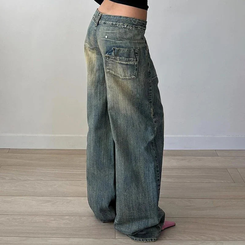 Mojoyce Casual Korean Stylish Baggy Jeans for Women High Street Harajuku Loose Denim Pants Vintage Grunge Wide Leg Trousers