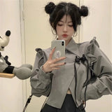 MOJOYCE-New Chinese Style Ruffles Turn Down Collar Irrgular Gray Jackets Long Sleeve Sweet Women Outerwear Y2k Short Coats Crop Tops