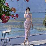 MOJOYCE-2024 New Summer Purple Sequin Set for Women Sexy Split Half-body Dress Beach Holiday Casual Elegant 2 Pieces Female Clothing